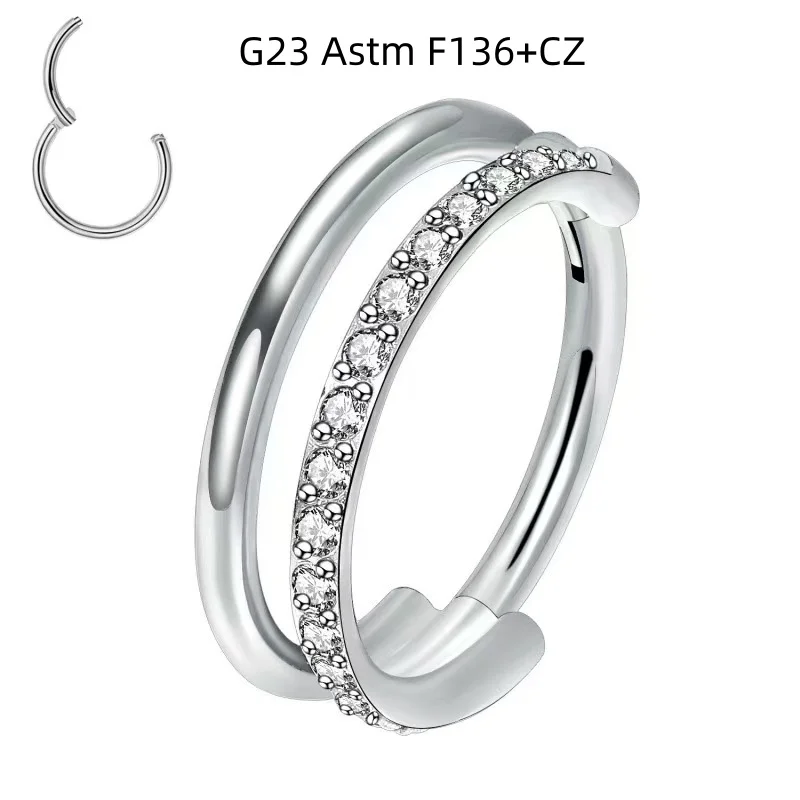 10pcs Double Row CZ G23 Titanium Astm F136 Nose Clicker Septum Hoop Ring Ear Conch Tragus Helix Cartilage Body Piercing Jewelry