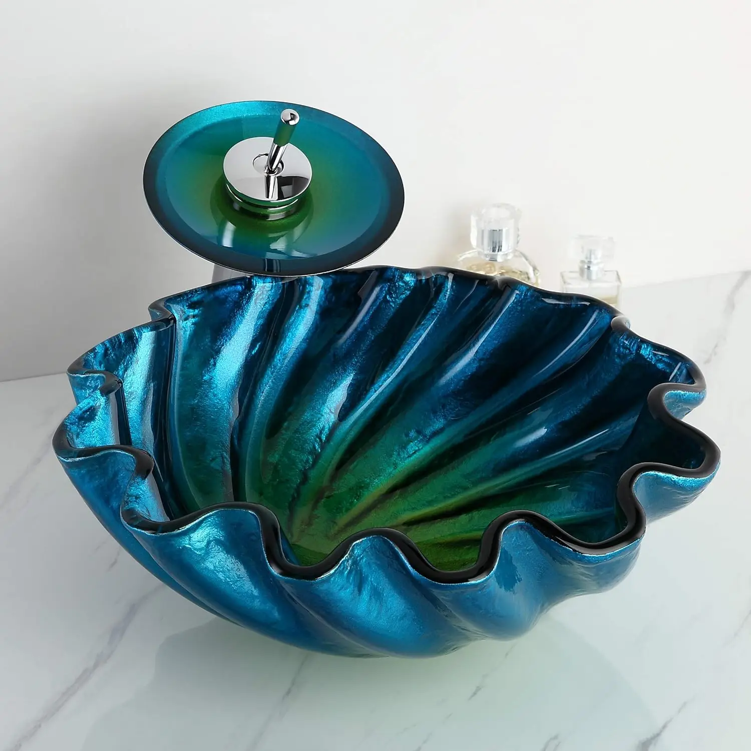 Top Quality Bathroom wash basin and Tap set Blue&Green Seashell Wave Tempered Glass Bathroom Vessel Sink & Waterfall Faucet Set