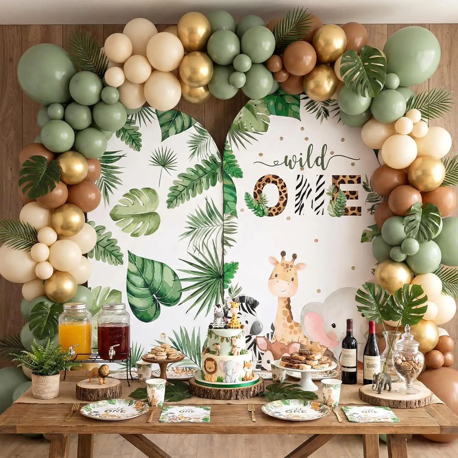 Green Wild One Arch Backdrop Cover Animals Kids Happy 1st Birthday Cake Table Background Jungle Theme Safari Party Decorations
