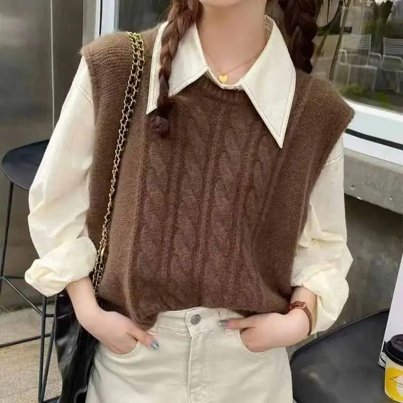 新しいOネックニット女性用無地ルーズノースリーブアンダーシャツセーターベスト女性用ヴィンテージ万能ツイストニットジャンパートップ