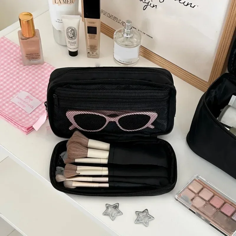 1PCS Cream Pink Bow Makeup Bag Women\'s 2024 Black Large Capacity Travel Wash Beauty Cosmetic Storage Bag Student Pencil Case