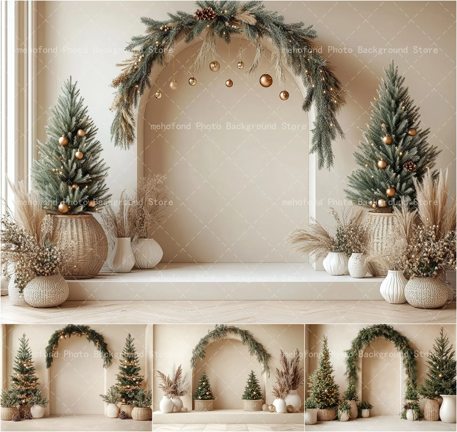 Mehofond Böhmischer Weihnachtshintergrund für Fotos, Weihnachtsbaum, cremefarbener Windkranz, einfacher Kindergeburtstags- und Familienporträt-Hintergrund, Dekoration