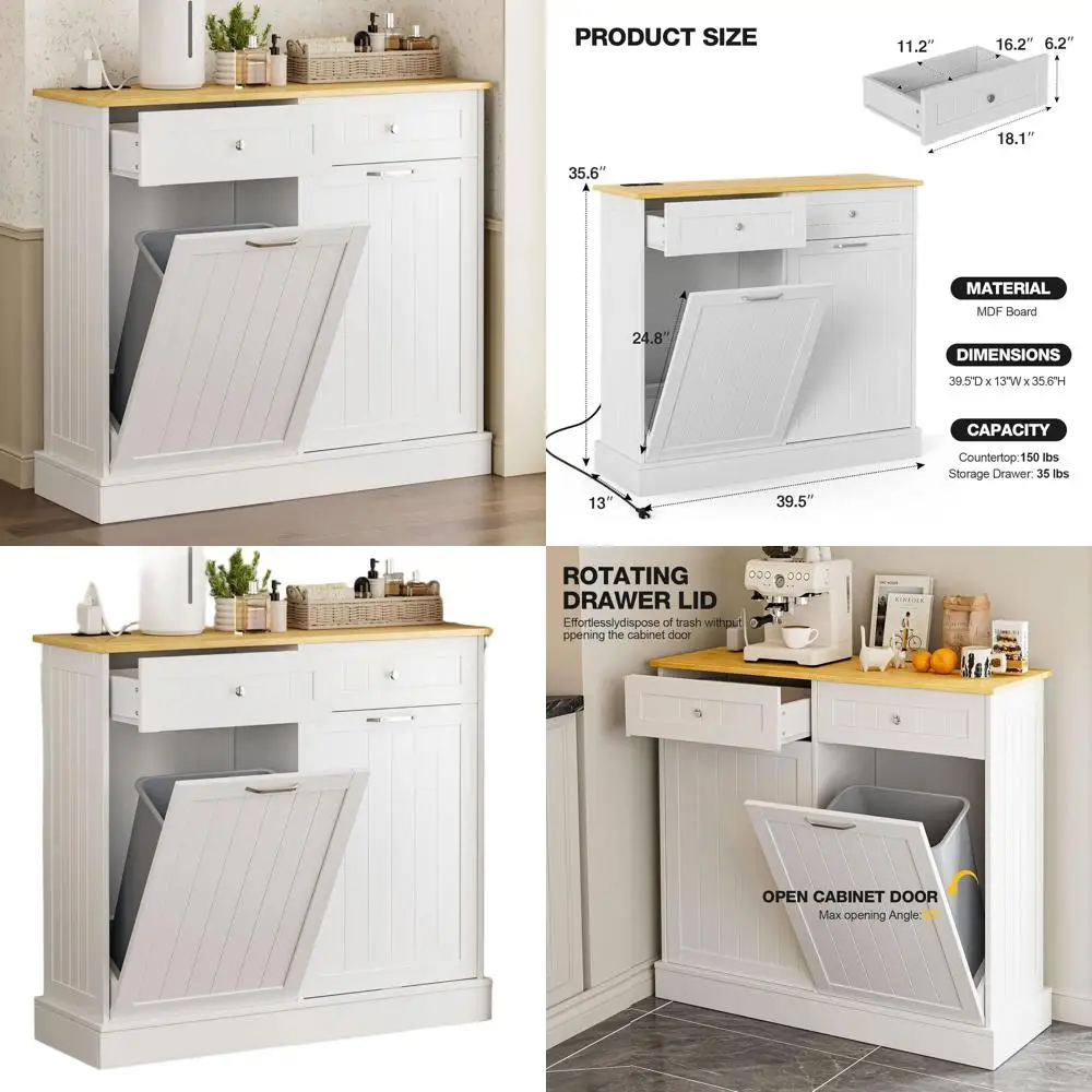 

Деревянный шкаф для мусора на 20 галлонов с двумя отсеками и зарядной станцией, улучшенный напольный шкаф для переработки отходов с розеткой, белый