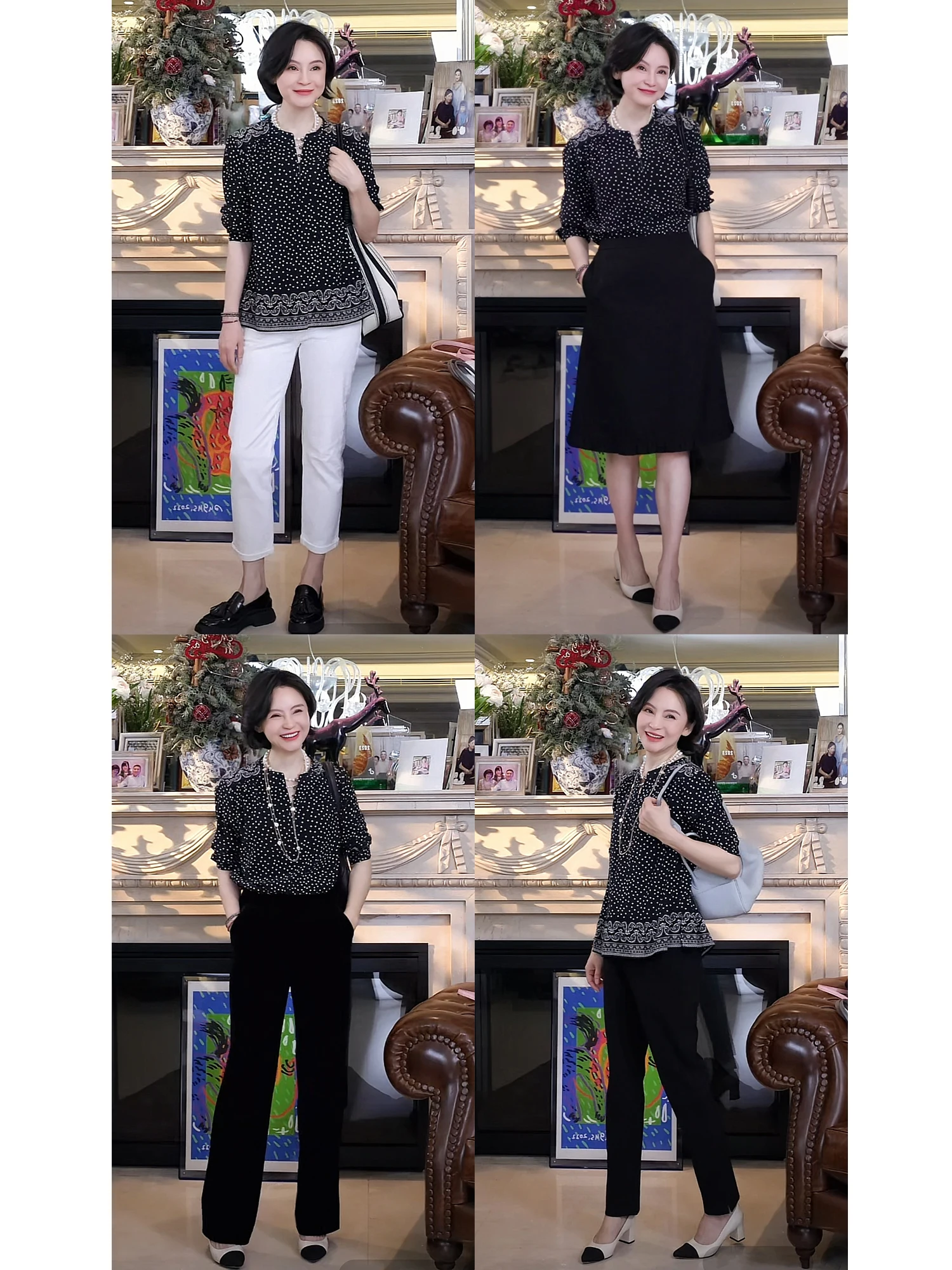 

Spring Summer Silk irt 6A ade Elastic Polka Dot Caew Flower Long Sve round Ne Women's Premium Faion Top