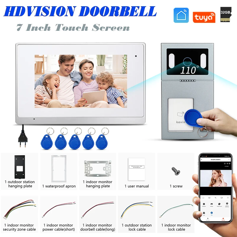 

WIFI Tuya 7 Inch Wired Video Doorbell Intercom System Night Vision with led Camera Door Phone