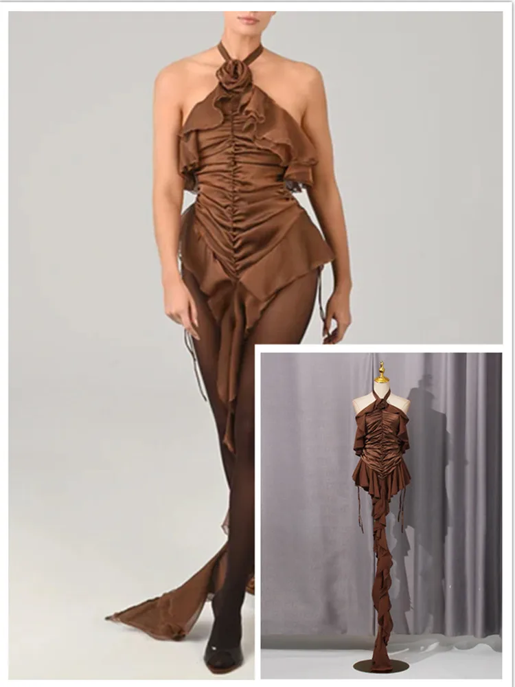 

Sexy Style Cross-Border Wind Dress Women's New Short A-Line Skirt with Wood Grain Draping Design Neck Hanging New Arrival