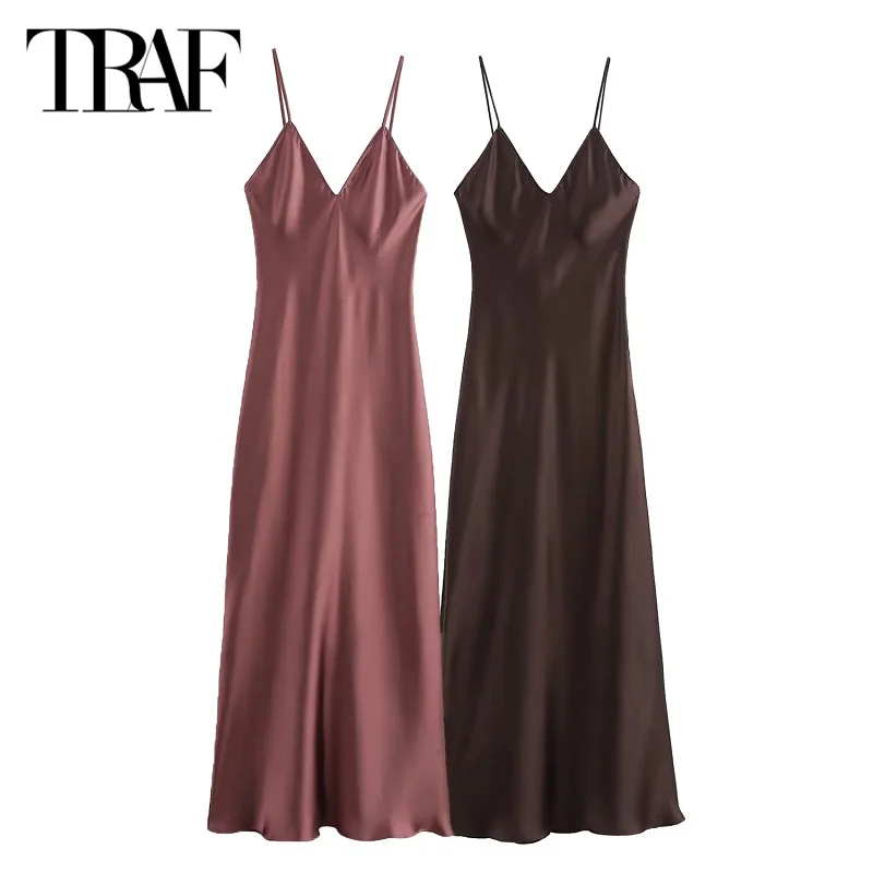 Traf feminino cetim vestidos longos 2024 outono sem mangas elegante midi deslizamento vestidos moda noite baile de formatura vestido sem costas