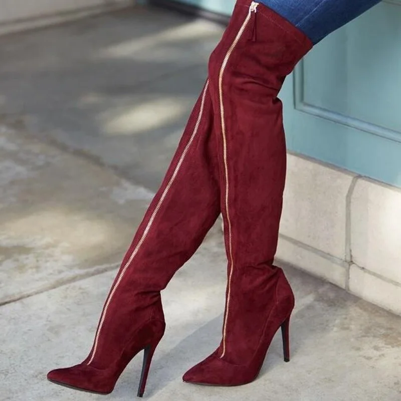 

Fashion Zipper Front Over The Knee Boots Pointed Toe High Heels Dark Red Stretch Fabric Women Winter Long Boots