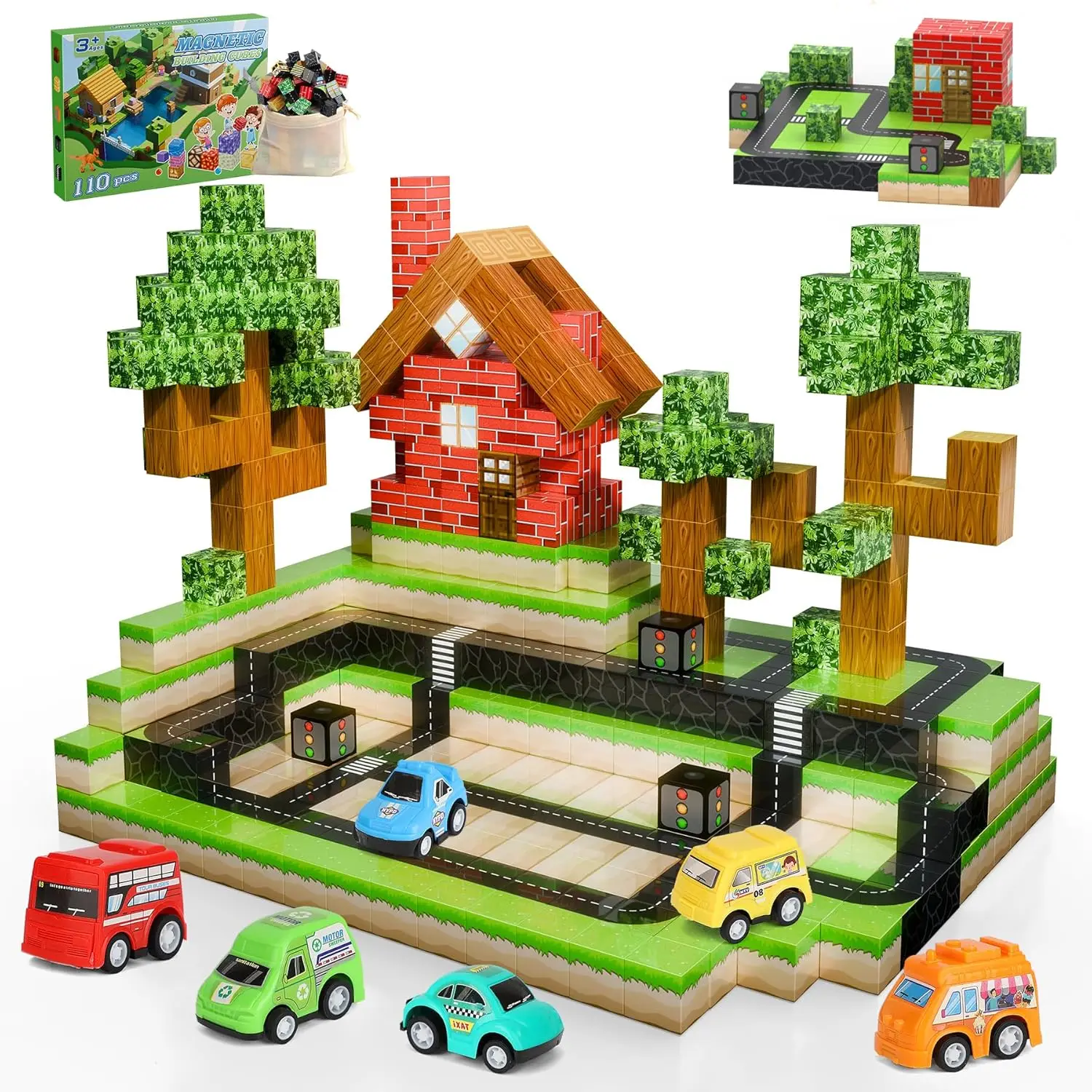 Bloques de construcción magnéticos para niños y niñas de 4 a 6 años, juego de bloques de construcción de ciudad, juguetes apilables, 110 piezas con 5 coches