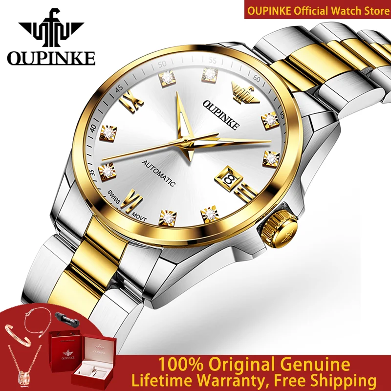 

OUPINKE 3199 Real Diamond Women Watch Top Swiss Movement All Automatic Mechanical Watch Calendar Luxury Elegant Women Bracelet
