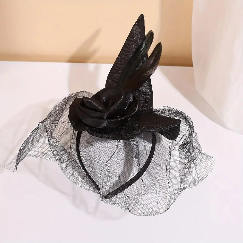 Cool Folds Halloween Witch Hat Satins Cosplay Photo Props Retro Veil Witch Hat Feather Design Black Wizard Cap Adult