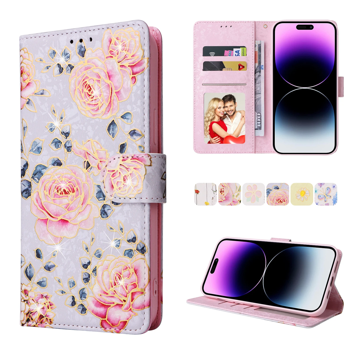 

Colorful Flower Gilding Leather Case For iPhone 15 Pro Max 7G 8G XR XS Max 11 Pro 12 13 Mini 14 Plus RFID Blocking Wallet Case