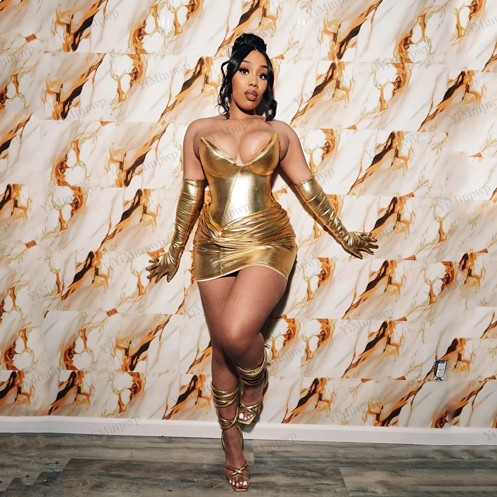 

Gold Short Coctail Dresses V-Neck Shiny Mini Evening Dress Birthday Party Dress For Black Girls Straight Above Knee Customized