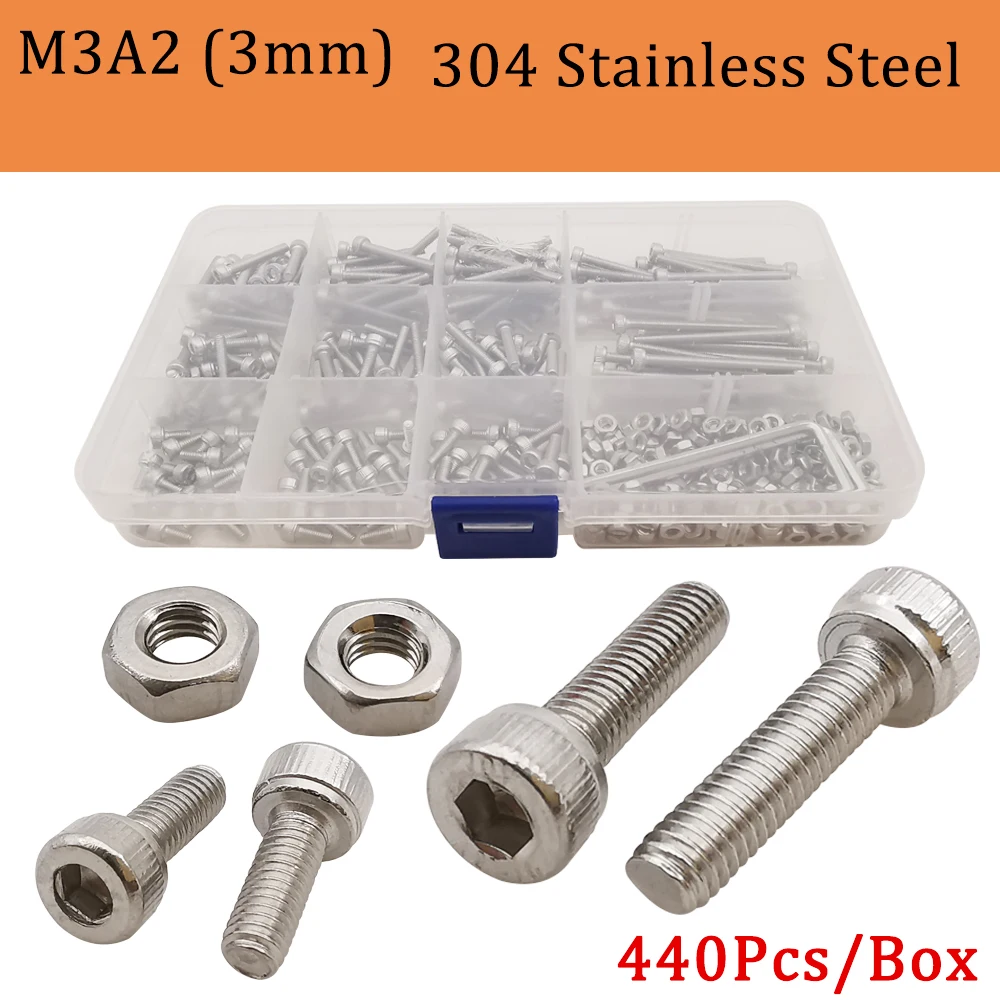 

440Pcs/Box A2 M3 (3mm) 304 Stainless Steel Screw Nuts Assortment Kit Allen Hexagon Hex Socket Head Cap Screw Bolt Wrench Nut Set