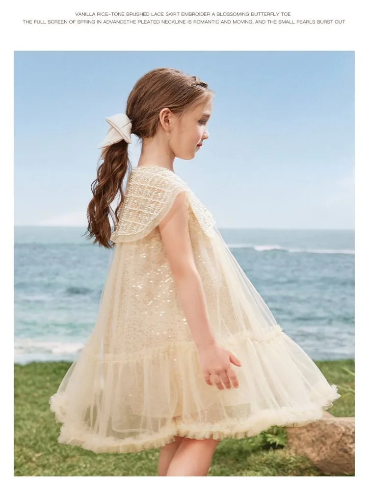 Girls\' Summer 2023 New Big Shawl Pearl Broken Diamond Dress Mesh Princess Style Korean Version Dress Popular