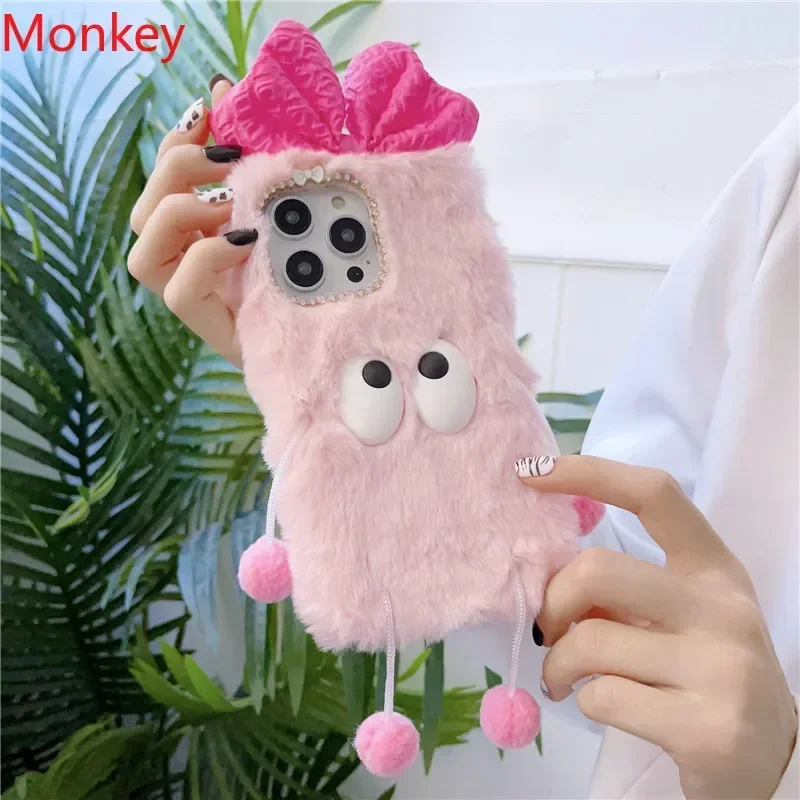 Plush Fur Cover Korea Pink Cute Cartoon 3D Bow Soft Case For VIVO Y100 Y22 Y78 Y36 Y35 Y38 Y28 Y27 Y20 Y18 Y17S Y16 Y15S Y03 Y02