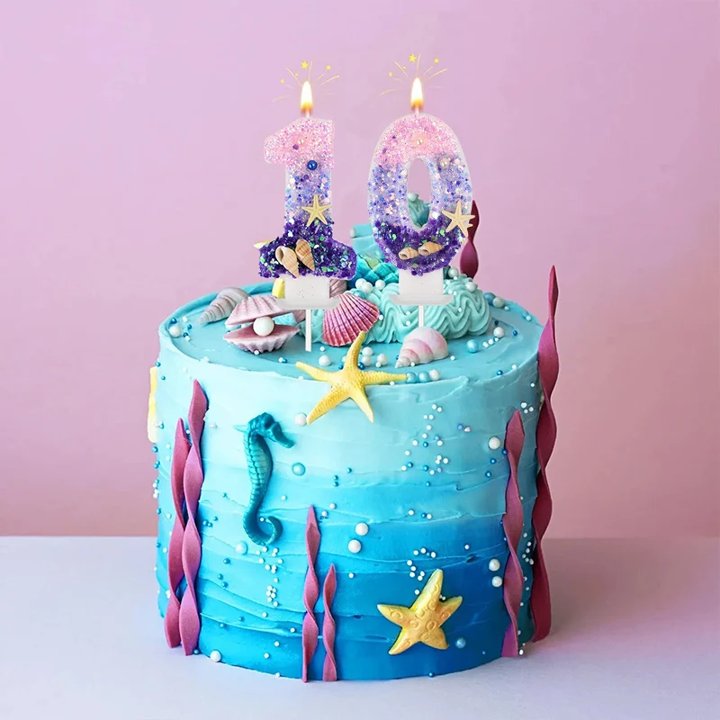 Mermaid Cake Candle Pink Purple 0-9Numbers Cake Topper Girl Little Mermaid Birthday Party Cake Decoration Supplies Under the sea