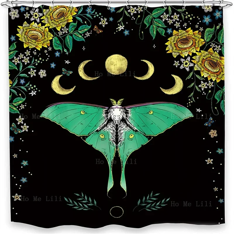 Mandala Celestial Boho Sun Mystic Green Moth Moon Phase Floral Shower Curtain Gothic Moonlit Vintage Fabric Bathtub Accessories