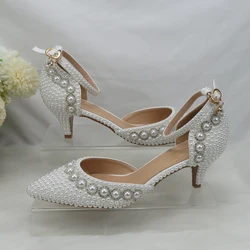 Bridal Wedding Shoes Fashion Sandals Woman Thin Heel Pearl Crystal Party Dress Shoes Woman High Pumps Ankle strap Pointed Toe