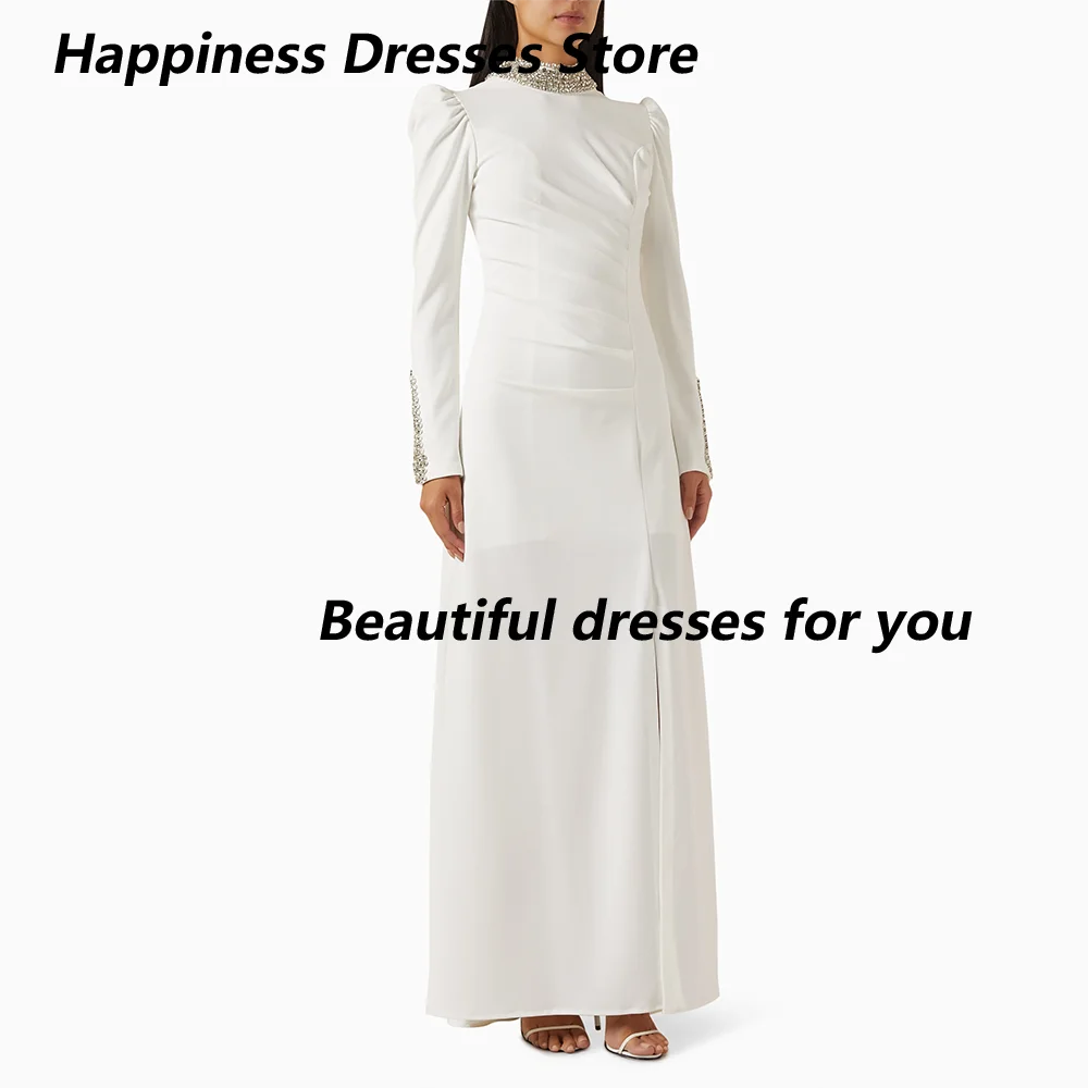 

Wedding Guest Dress Customized Long Sleeves Crystal High Collar Formal Party Gowns for Women Pleat A Line Evening Dresses