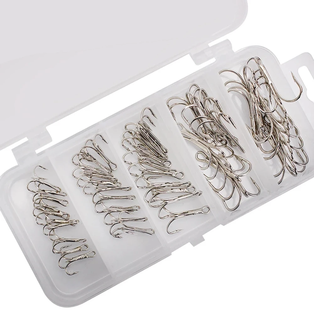 

Fishing Tackle 50pcs/lot Silver High Carbon Steel Sharpened Fishhooks 2/4/6/8/10 Treble Fishing Hook Barbed Fishhook