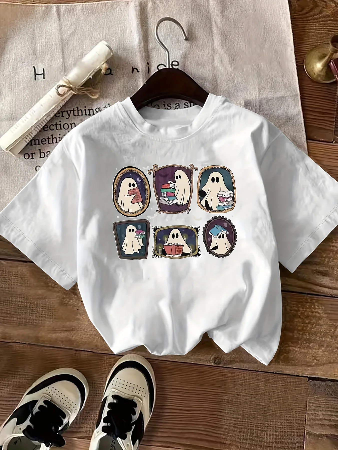 Cute Ghost Character Collage Print Black Loose Short Sleeve Casual Women Top