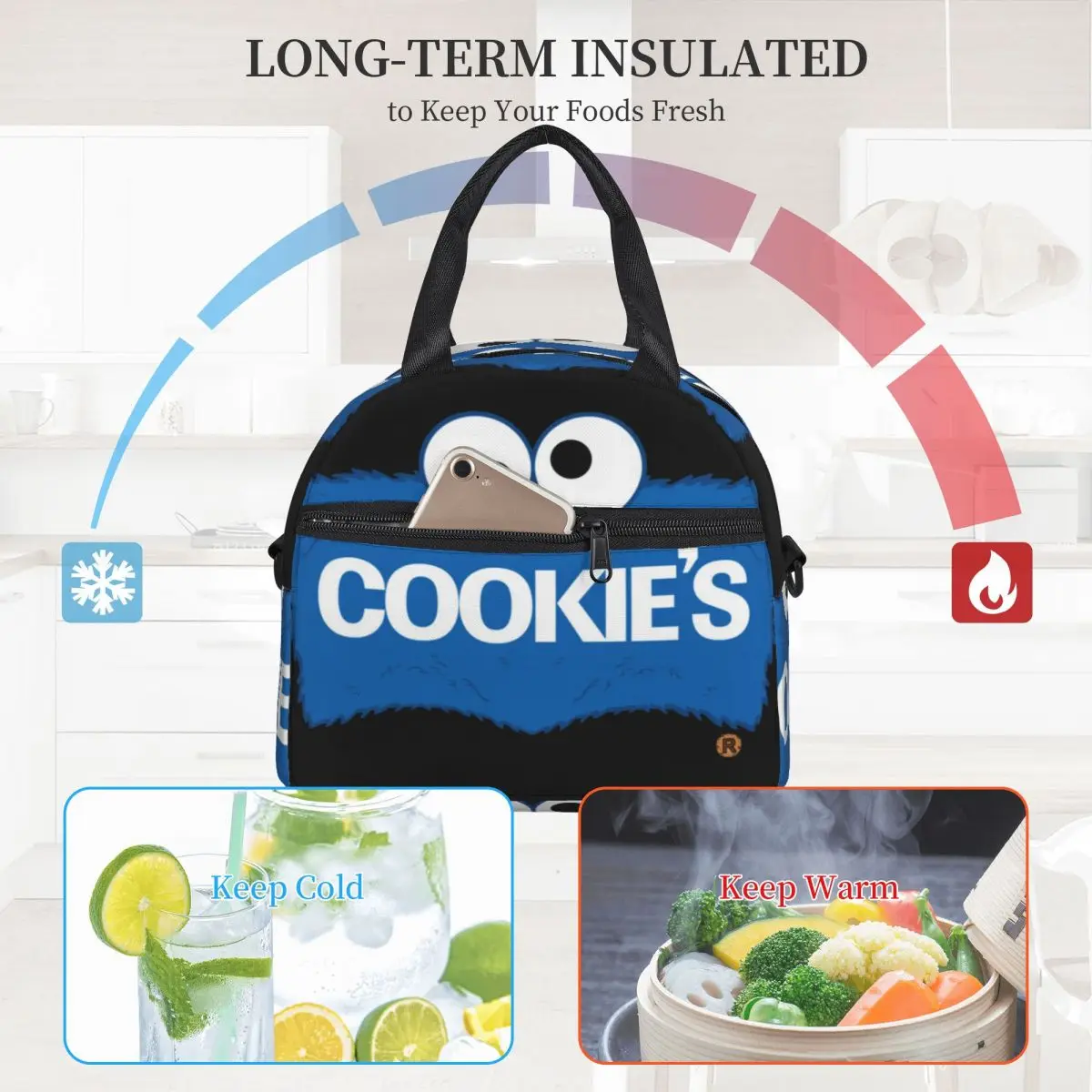 Large Insulated Lunch Tote Bag With Adjustable Shoulder Strap Cookies Monsters Product Lunch Boxes Thermal Cooler