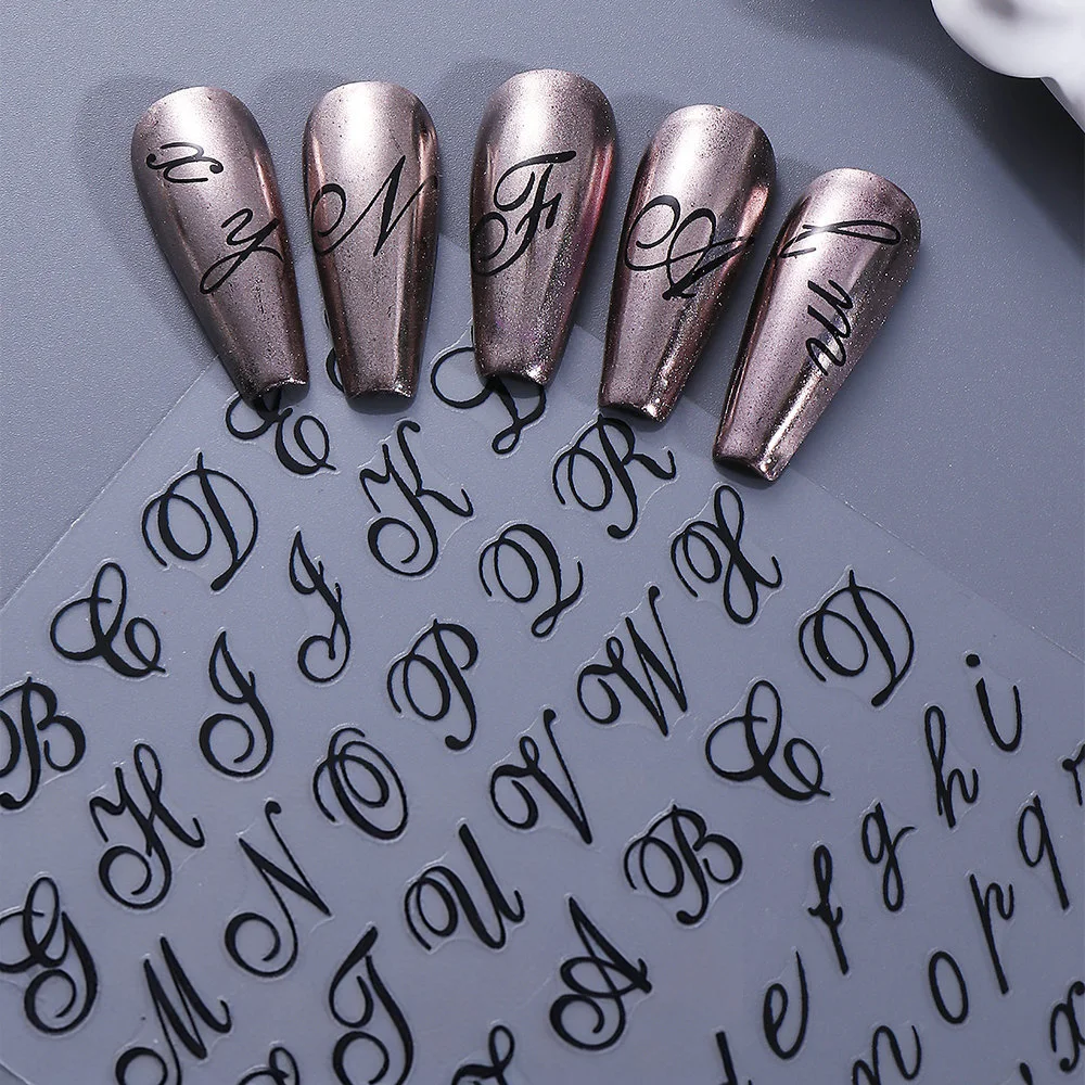 3D Black Handscript Letters Nail Stickers Vintage  Style A-Z Big Small English Alphabet Nail Decal English Letters Nail Stickers