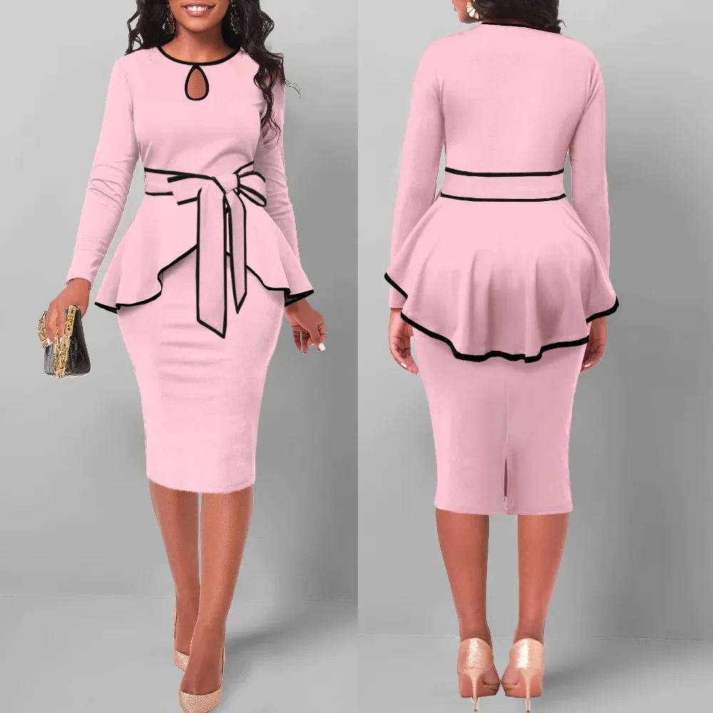 Elegant Ruffle Irregular Tops and Skirt Suit for Women, Solid Outfit, Bow Hollow Out, Office Lady, Business Sets, 2 Pcs