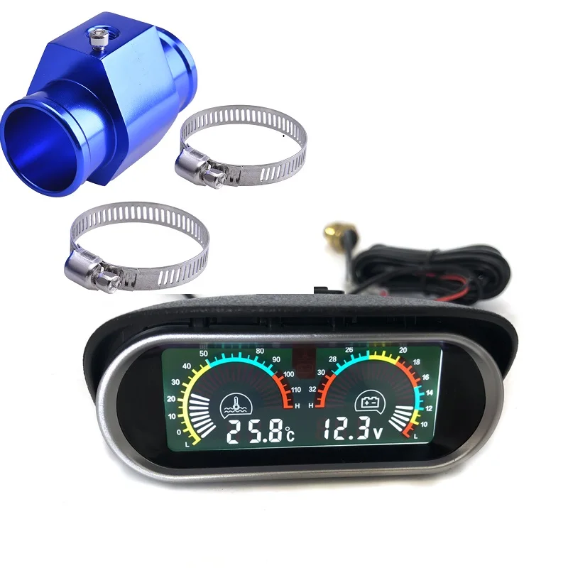 12V 24V Digital Water Temperature Gauge + Volt Water Temperature Sensor Head Plug Joint Pipe Sensor Radiator Hose Adapter 1/8NPT