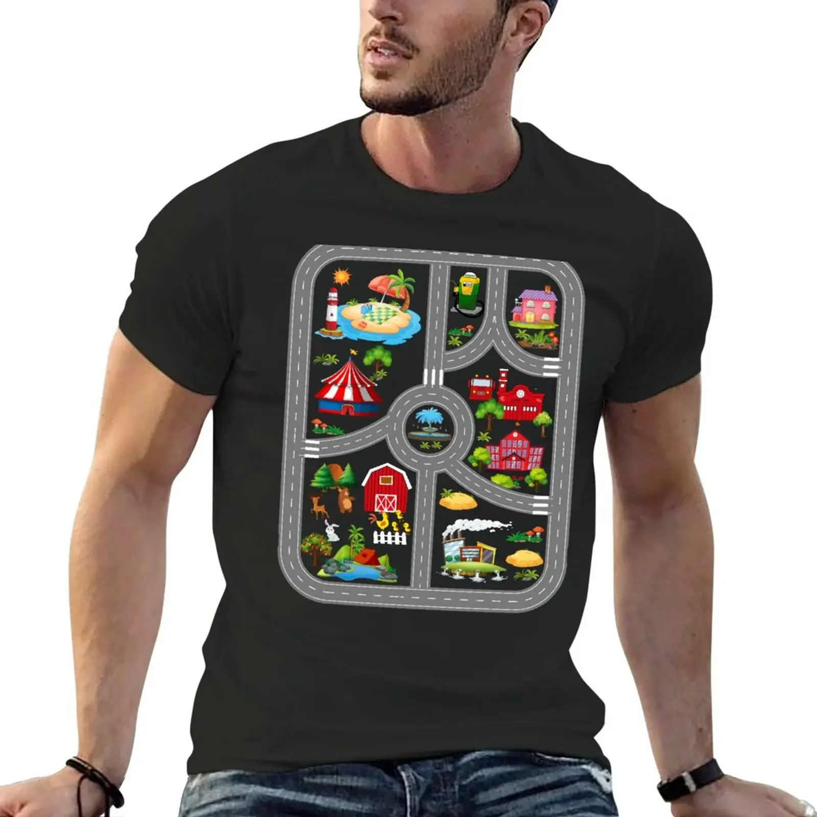 New Play Cars On Dad's Back Mat Road Car Race Track T-Shirt tops graphic t shirts oversized graphic tee plain white t shirts men