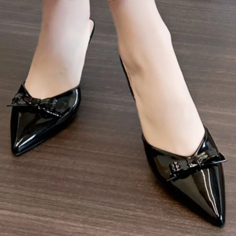 Sandalias de tacón alto para mujer, sandalias de charol de aguja 2025, verano al aire libre, sexy, con lazo, diseñador, punta cerrada, talla grande