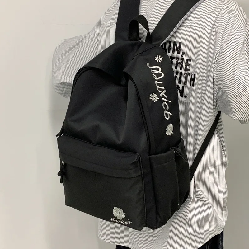 Women Minimalist Black Backpack Casual School Bag With Flower Embroidery For Students Daily Use Travel