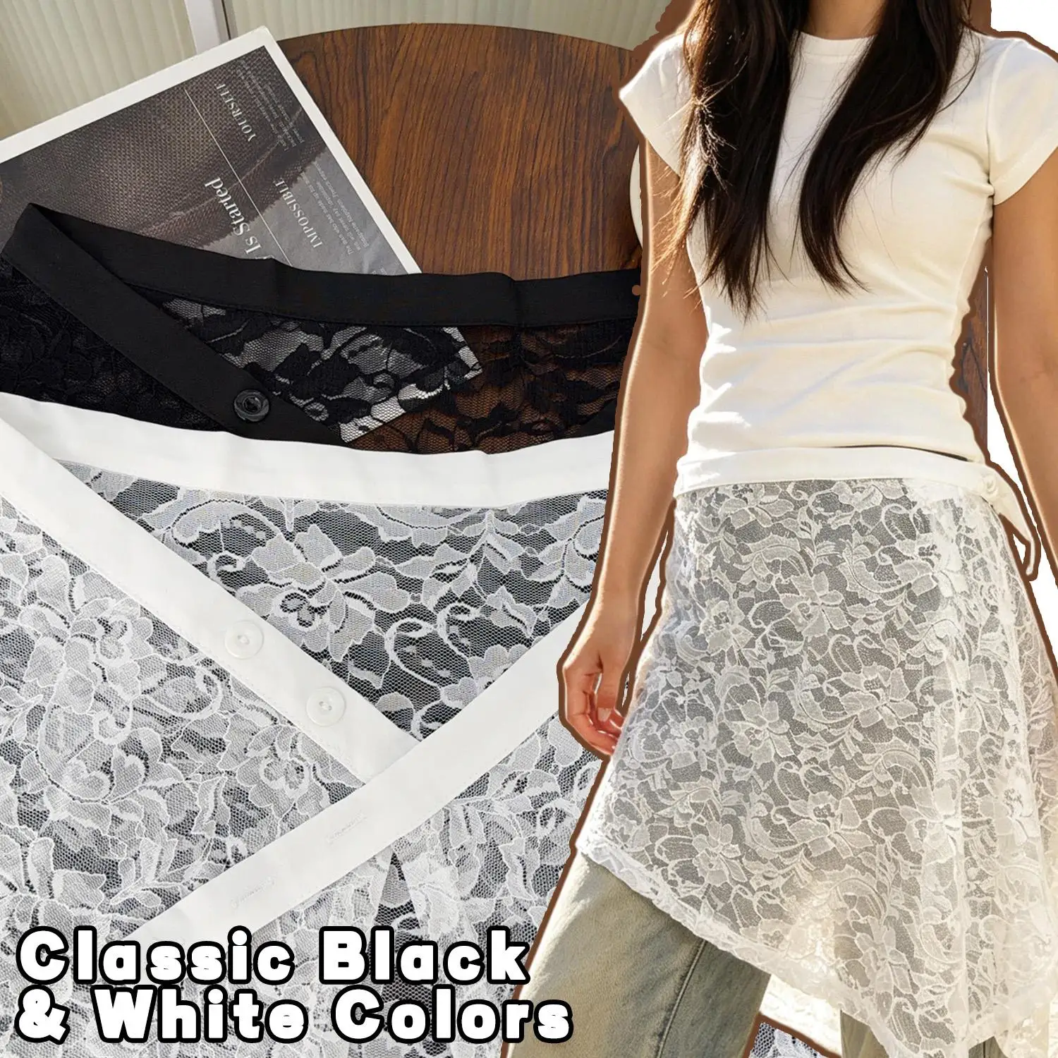 Irregular French Flower Lace Fart Curtain Skirt Spring Summer Women Black White Button Layered Skirt Dress Apron Shirt Extender