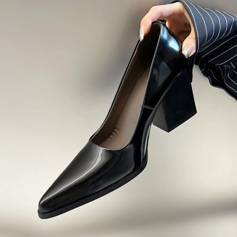 

High Quality Patent Leather Designer Pumps Women Elegant Chunky heel Mary Jane Shoes Sexy Pointed Toe Comfort Office Formal Shoe