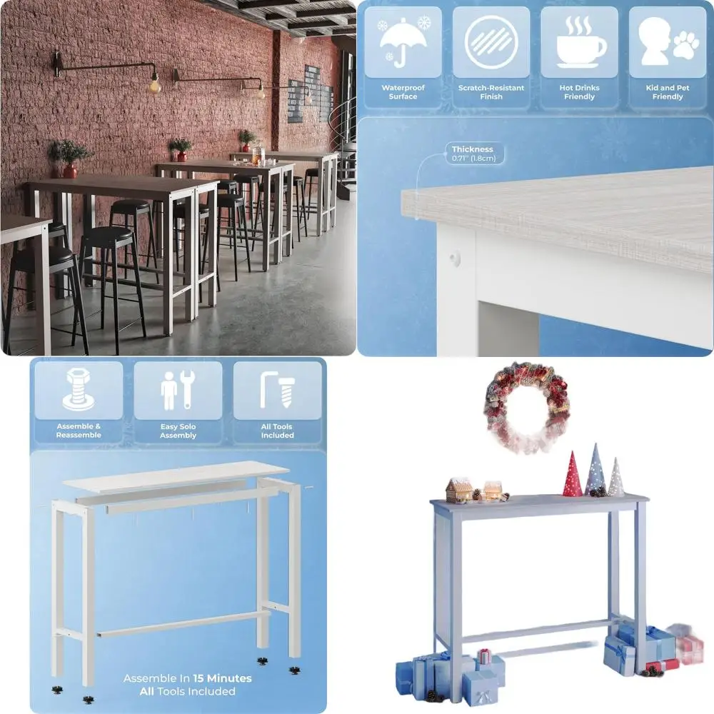 

White Metal 43 High Top Bar Table with Grey Oak Top, Water-Resistant, Easy Assembly for Kitchen and Dining Area