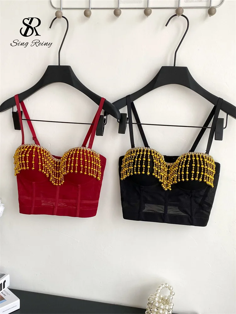 

SINGREINY High Street Beadings Camis Backless Sleeveless Straps Mini Sheer Lingerie Women Sexy Transparent Clubwear Corset Bra