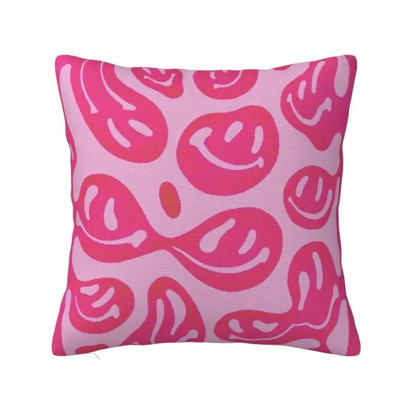 Almohada con patrón psicodélico de cara sonriente derretida, cojín estético con letras Rosas y púrpuras, decoración para sofá