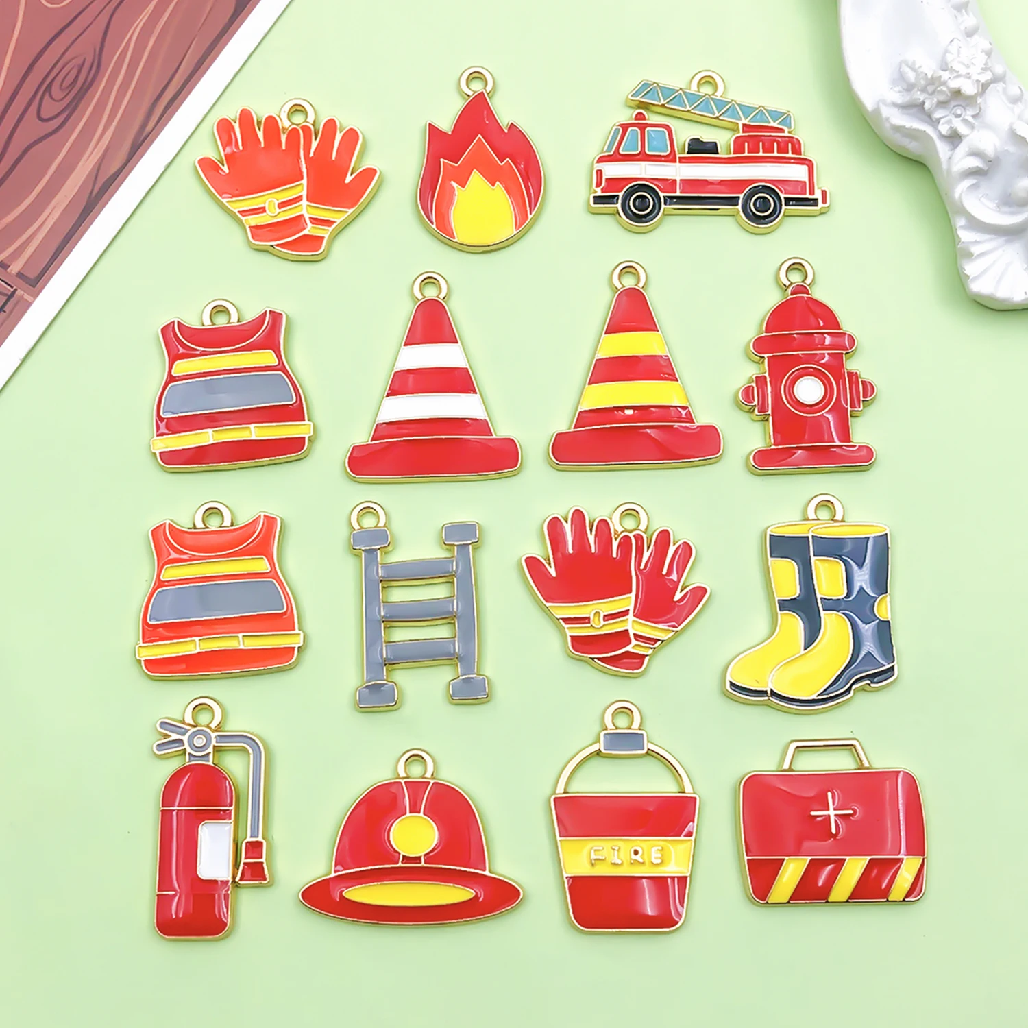 10/15pcs Firefighter Charms Alloy Fire Extinguisher, Fire boots, Gloves, Flame, Helmet Pendants for DIY Jewelry Making Accessory