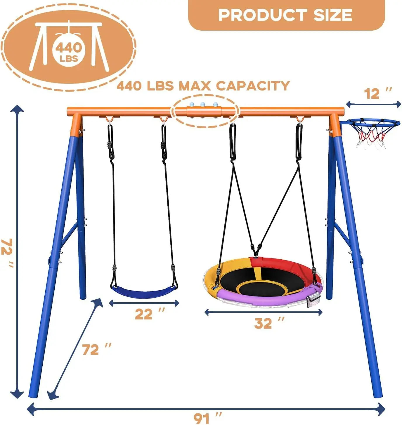 Ensemble de jeu extérieur 4 en 1 avec balançoire à disque volant, support et toboggan pour jardin, équipement de terrain de jeu robuste de 440 lb pour enfants et T