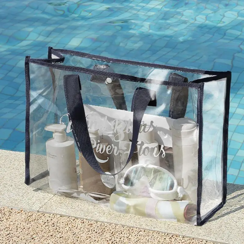 Transparent Beach Bag See Through Tote Bag Waterproof PVC Tote Bag Large Clear Beach Bag Long Shoulder Strap Transparent Bag For