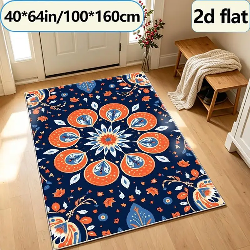 Bohemian Style Mandala Floral Square Carpet in Navy Blue and Orange, Featuring a Gorgeous Symmetrical Artistic Pattern, Non-Slip Living Room Carpet