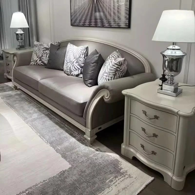New American light luxury North American home queen solid wood carving flower sofa furniture French first layer cowhide sofa