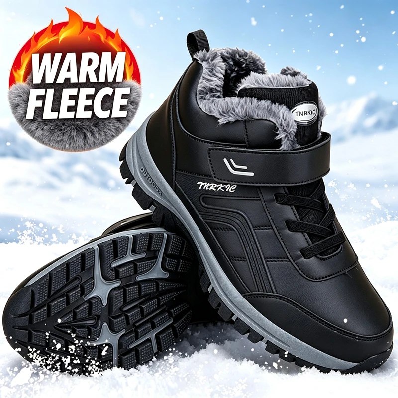 Winter Snow Boots for Men Waterproof PU Leather Warm Plush Ankle Boots Anti-Slip Comfort Work Casual Shoes