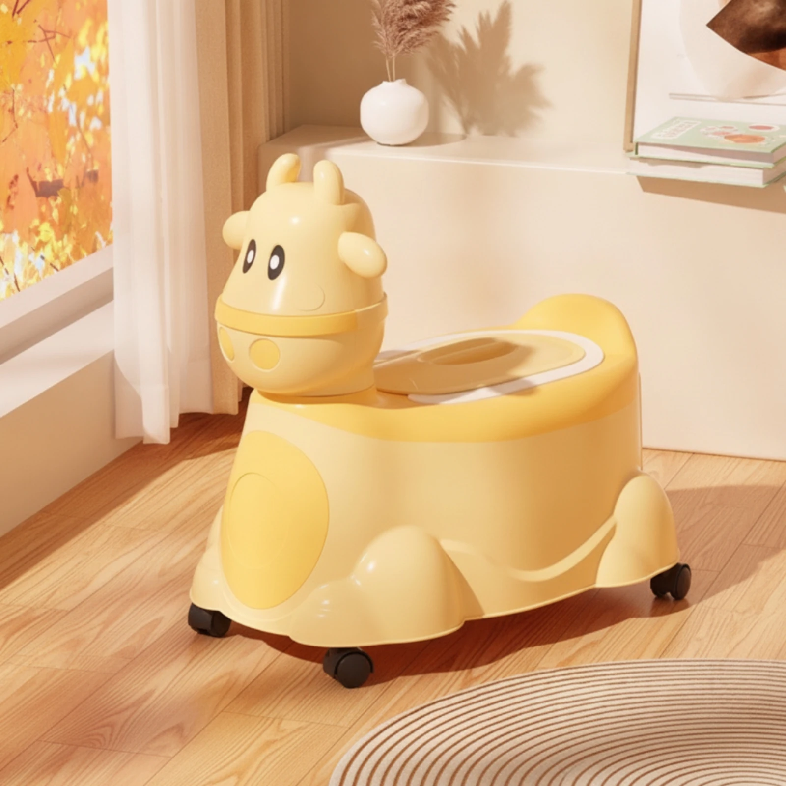 Animal-Shaped Child Potty Easy to Clean Rolling Potty with Caster Wheels Compact Fun Design for Toddlers, Home Use, Bathroom