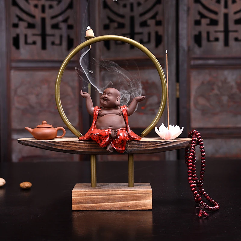 New Chinese-Style Backflow Incense Burner, Zen-Inspired Fortune-Attracting Maitreya Buddha Ornament, Ceramic Home Decor, Root Ca