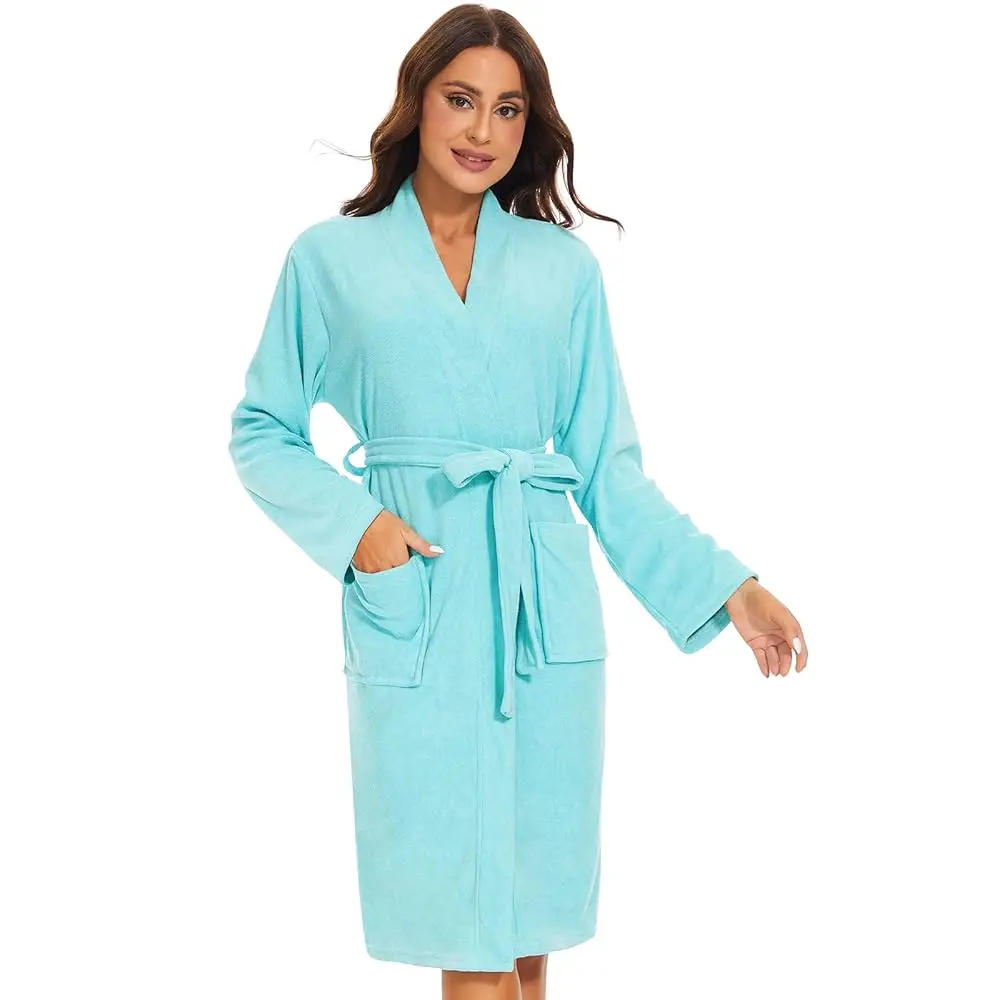 

Women Bath Robes Terry Cloth Towel Robe Knee Length Bathrobe with Pockets