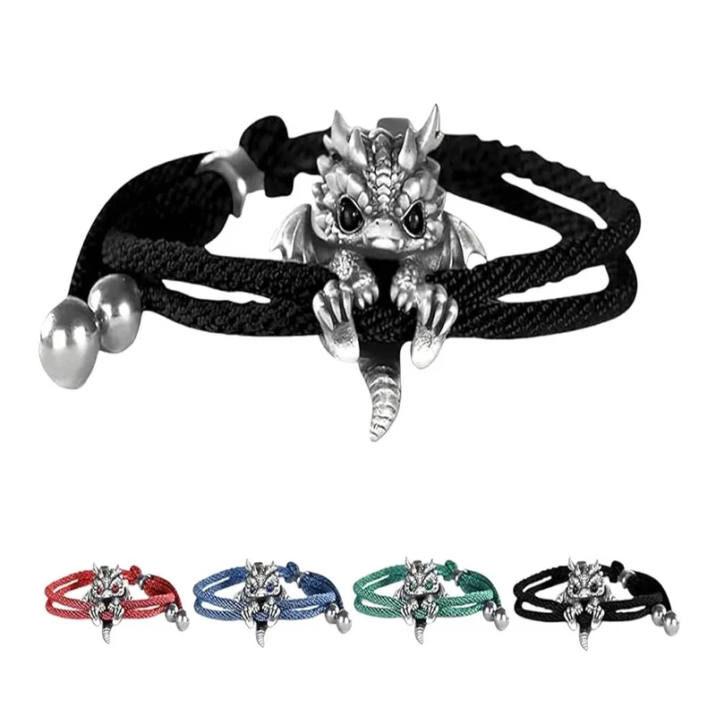 Adjustable Red Rope Bracelet Silver-Tone Alloy Zodiac Dragon Design Birth Year Light Luxury Gift for Unisex​
