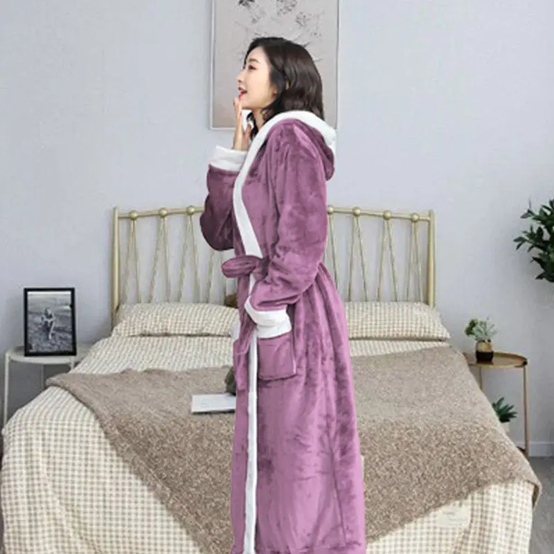 Lengthened Nightgown For Women Winter Flannel Thickened Men\'s Bathrobe Coral Velvet Women\'s Nightgown For Couples Autumn Winter