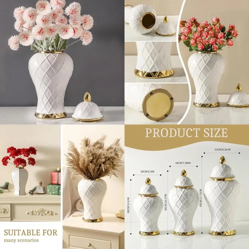 

Elegant 18 White & Gold Ceramic Ginger Jar with Lid, Decorative Porcelain Vase for Home, Centerpiece, and Storage